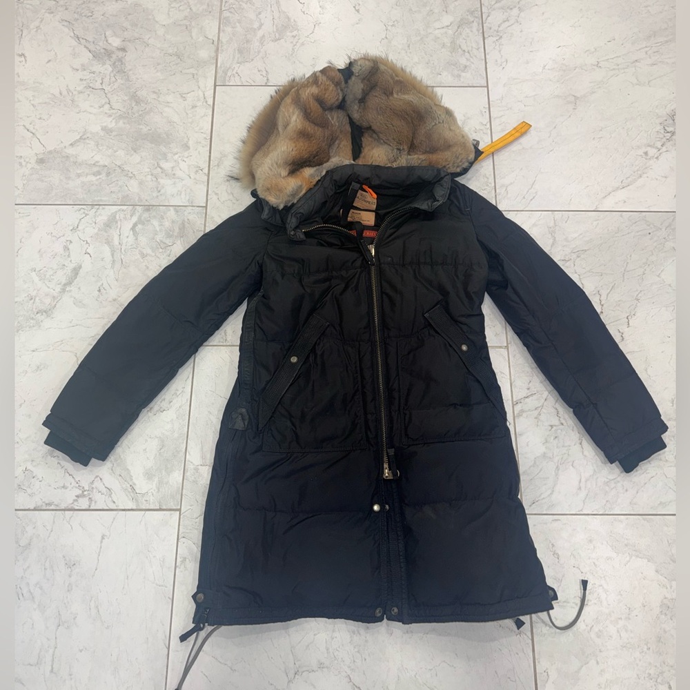 PARAJUMPERS Masterpiece Black Long Bear Fur Down Coat Sz M Real Fur Hood